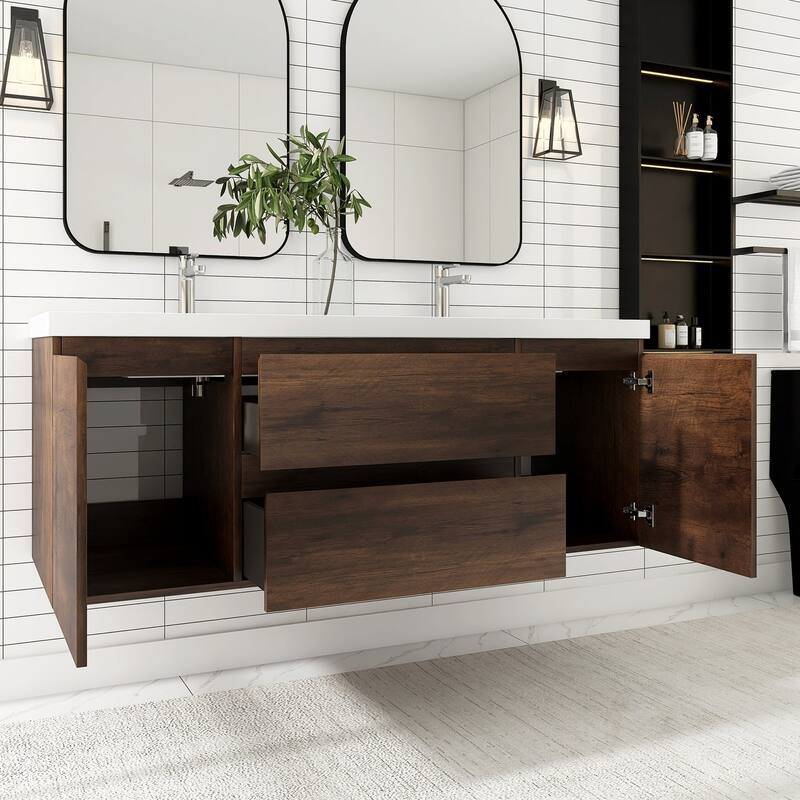 MDF Wall-Mounted Bathroom Vanity Set in Rose Wood with Integrated Culture Marble Sink