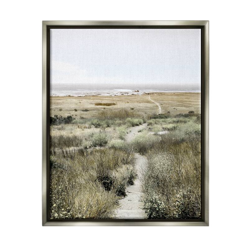 Stupell Distant Shoreline Grassy Beach Path Cloudy Horizon Floater Frame - Green - 24 x 30 - Grey