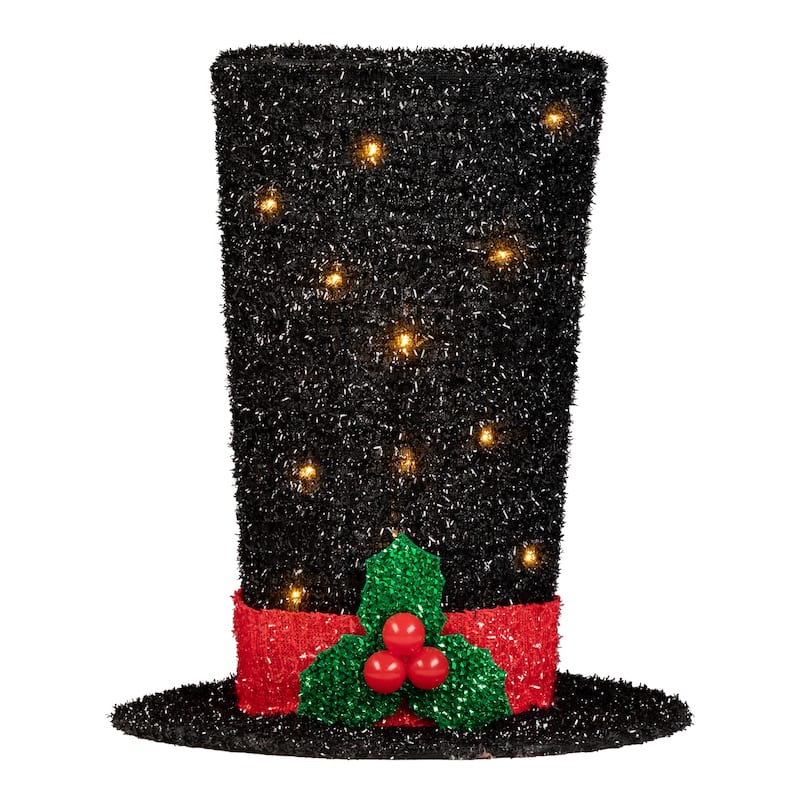 9.25" Lighted Black Tinsel Top Hat Christmas Tree Topper Clear Lights - 9.25