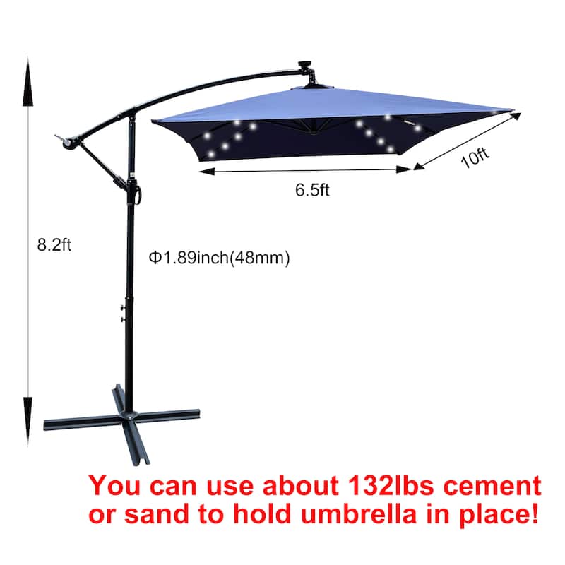 Rectangle 2x3M Patio Umbrella Solar Powered LED Lighted Sun Shade Market Waterproof 6 Ribs Umbrella with Crank and Cross Base