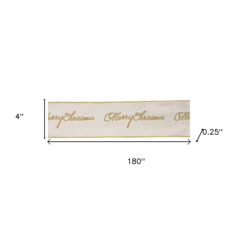 HomeRoots 4" White And Gold Embroidered Merry Christmas Wired Ribbon