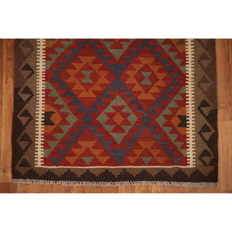 Geometric Kilim Oriental Area Rug Hand-woven Wool Foyer Carpet - 3'3" x 4'11"