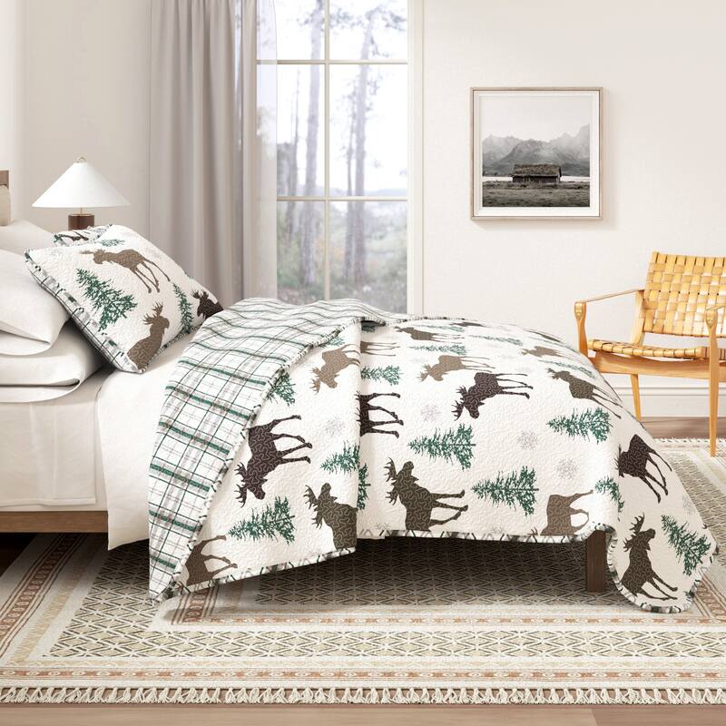 Linery & Co. Moose & Evergreens Microfiber Quilt Set With Shams - Moose - Chocolate - Twin