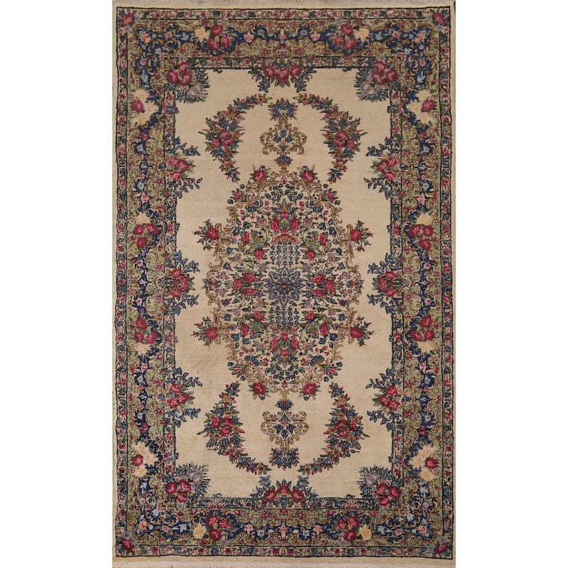 Vegetable Dye Kerman Vintage Persian Area Rug Hand-Knotted Wool Carpet - 4'0" x 7'1"