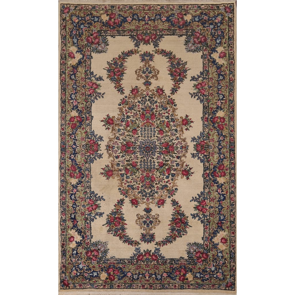 Vegetable Dye Kerman Vintage Persian Area Rug Hand-Knotted Wool Carpet - 4'0" x 7'1"