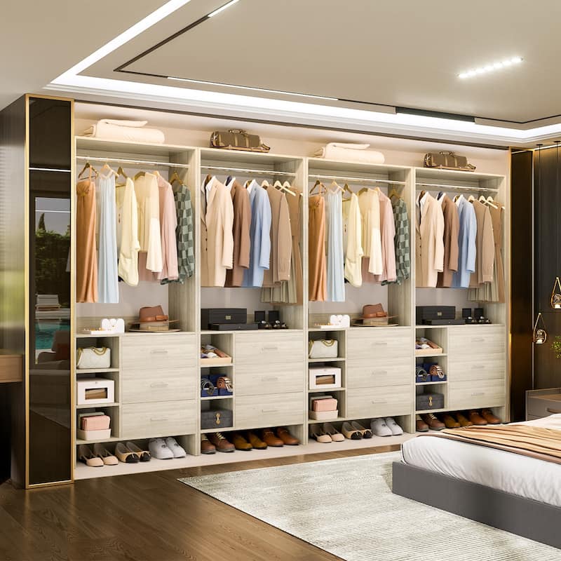 Cimly 30'' W Freestanding Closet System with Hanging Rod, Closet Organizer with Drawers and Shelves - 4pcs - White Oak