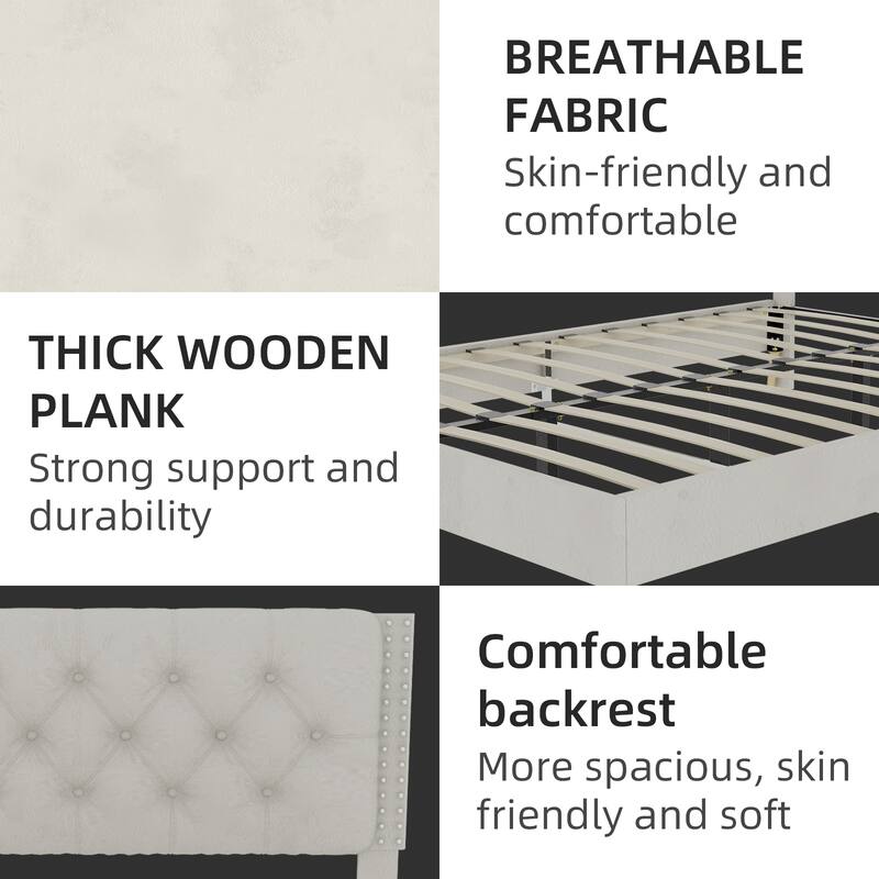 Beige Queen Size Platform Bed Frame with Upholstered Headboard