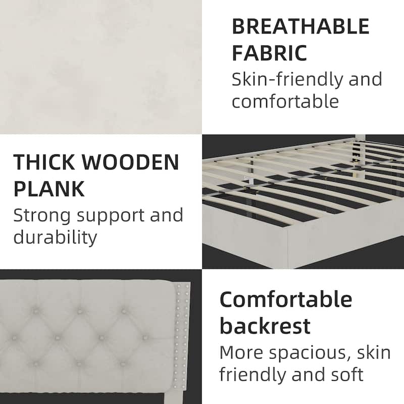 Modern Upholstered Platform Bed Frame with Tufted Headboard/Wood Slats Support/Noise-Free Stable Structure/No Box Spring Needed