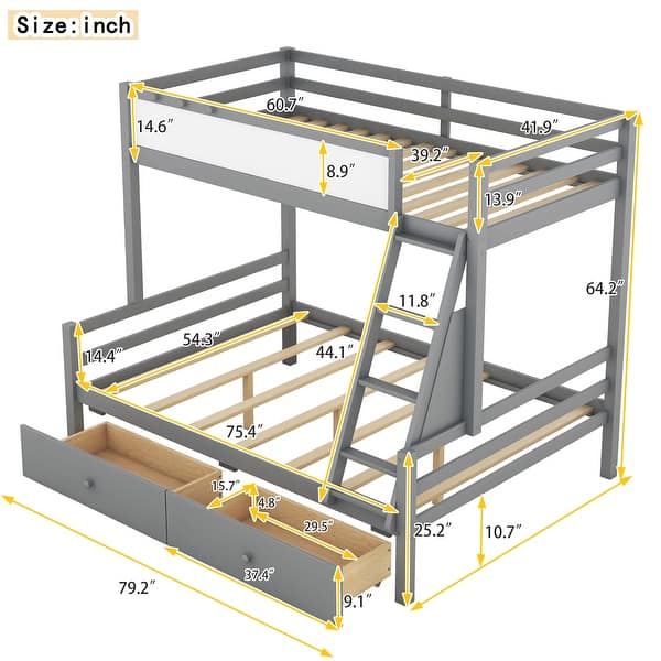 Modern Wood Twin over Full Bunk Bed with 3 Hooks and 2 Drawers - Bed ...