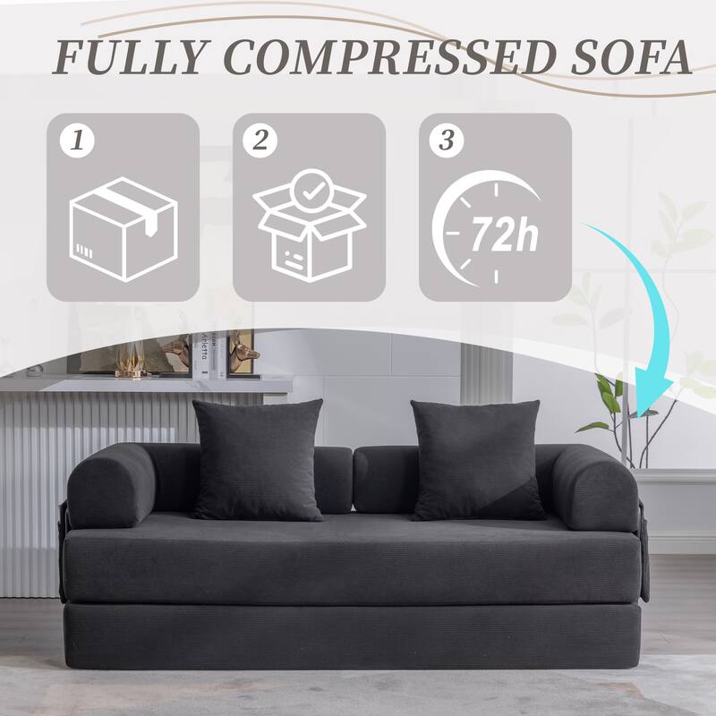 Foldable Modular Couch Sleeper Loveseat Sofa Bed with Storage Side Pocket, Detachable Metal Frame and Corduroy Fabric Cover