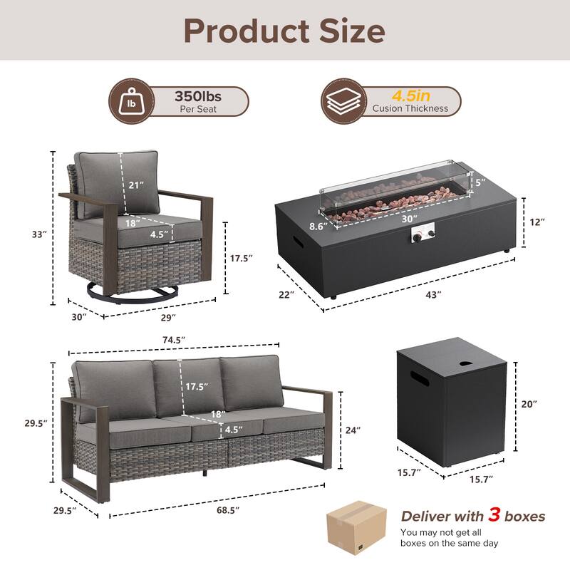 Meyreso Wicker Outdoor Patio Fire Pit Set with Swivel Gliders & 4.5-Inch Olefin Cushions