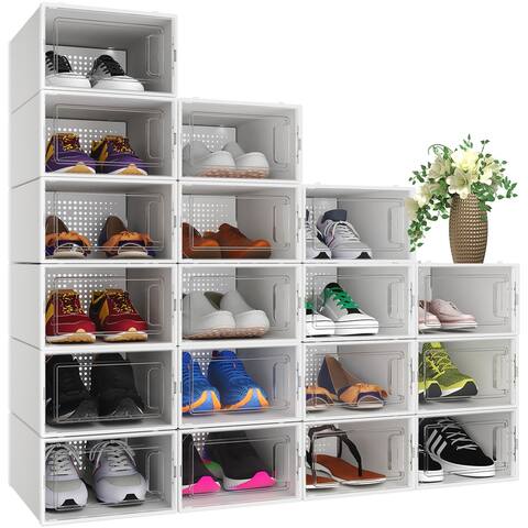 6/12/18 Pack Shoe Storage Box Plastic Stackable Shoe Organizer for Closet Foldable Sneaker Containers Bins Holders Racks