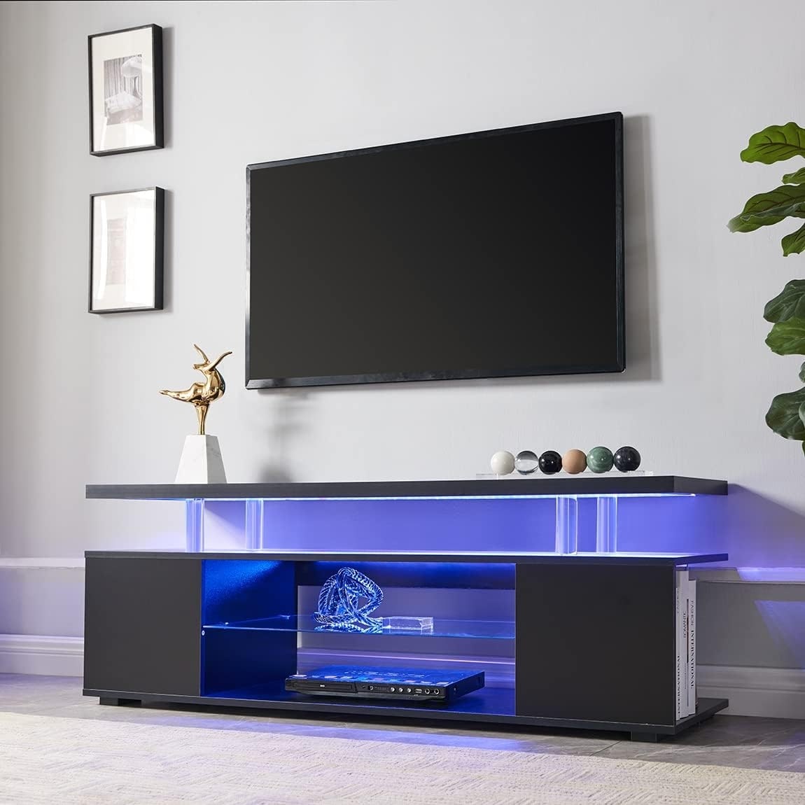 Modern LED TV Stand, Gaming Entertainment Center Media, for 60 Inch TV Table with Side Cabinet, for Living Room, Black