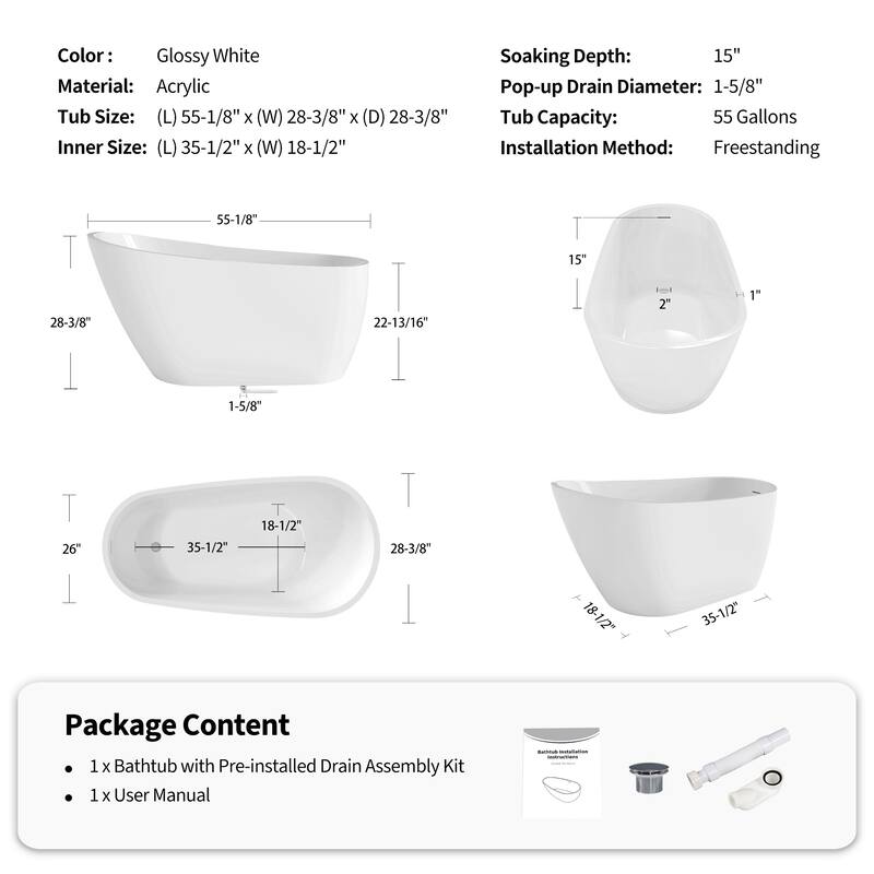 55" Glossy White Acrylic Freestanding Bathtub