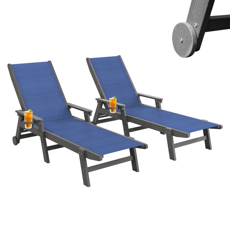 Domi Lounge Chair Outdoor, HDPE Chaise Lounge Outdoor with Wheels, Textilene Patio Lounge Chair Adjustable 5-Position Recliner