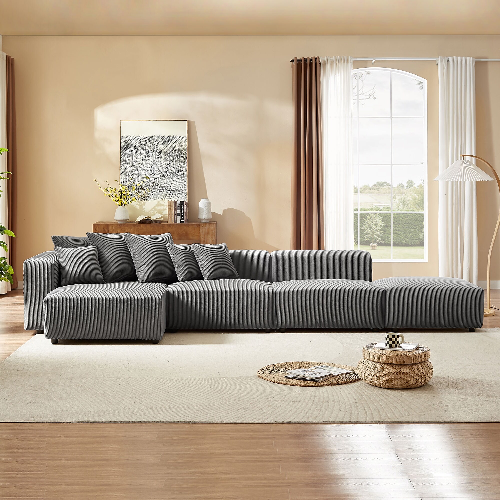 Corduroy Sectional Sofa Set Gray Sofa 4 Piece Set with Ottoman