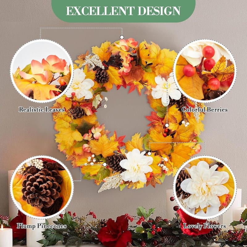 24 Inch Autumn Maple Leaf Wreath for Front Door Window Fireplace - N/A