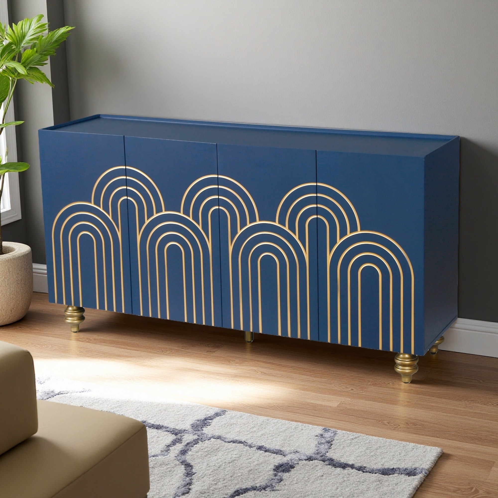 Modern Fluted 4-Door Sideboard with Gold Accents, Adjustable Shelves & Pre-Wired Holes, Sleek Storage for Dining, Living Room