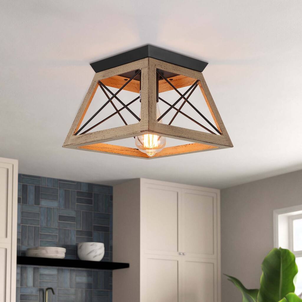 1 - Light Farmhouse Wood Lantern Flush Mount Ceiling Light