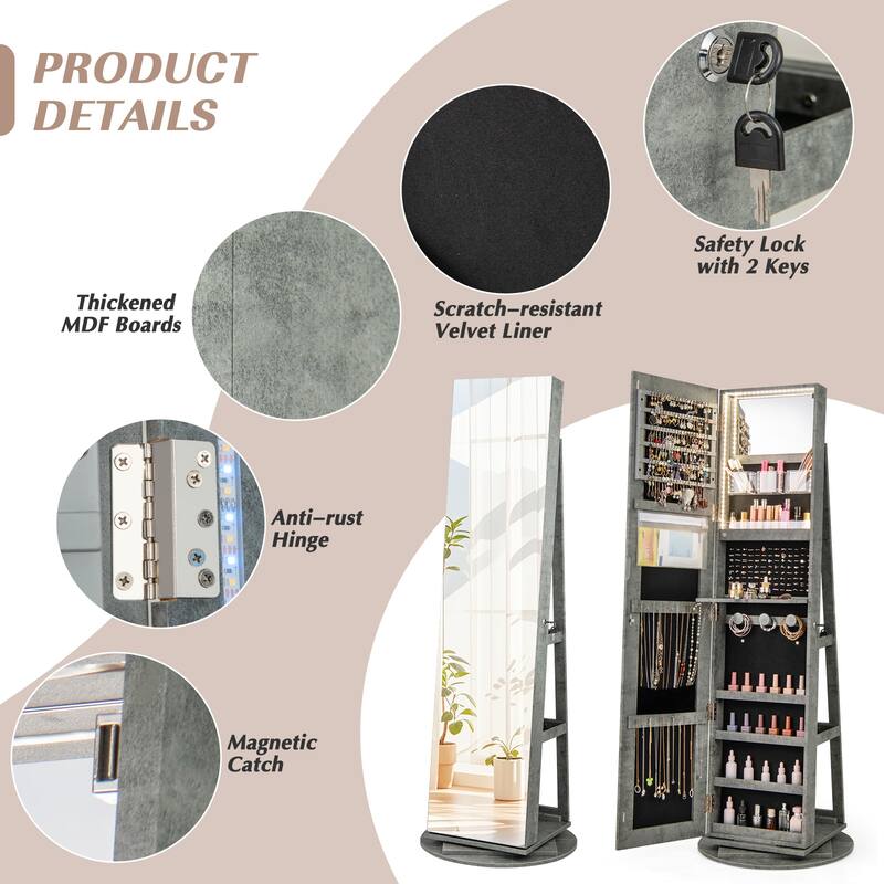 Gymax 360° Rotating Mirrored Jewelry Cabinet Armoire 3 Color LED Modes