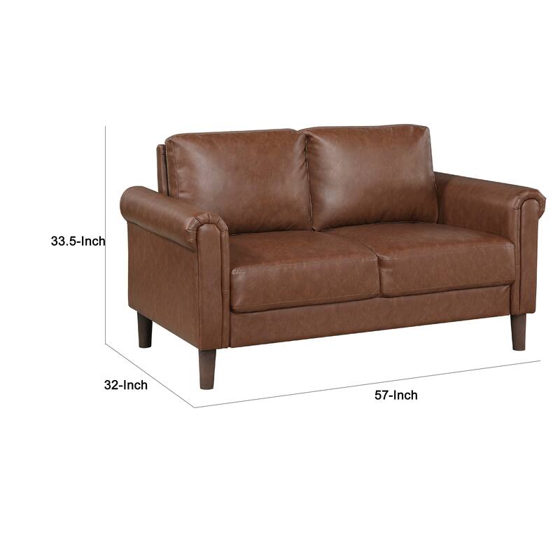 Lo Loveseat w Rolled Arms, Mid Century Dark Brown Faux Leather 57 Inch