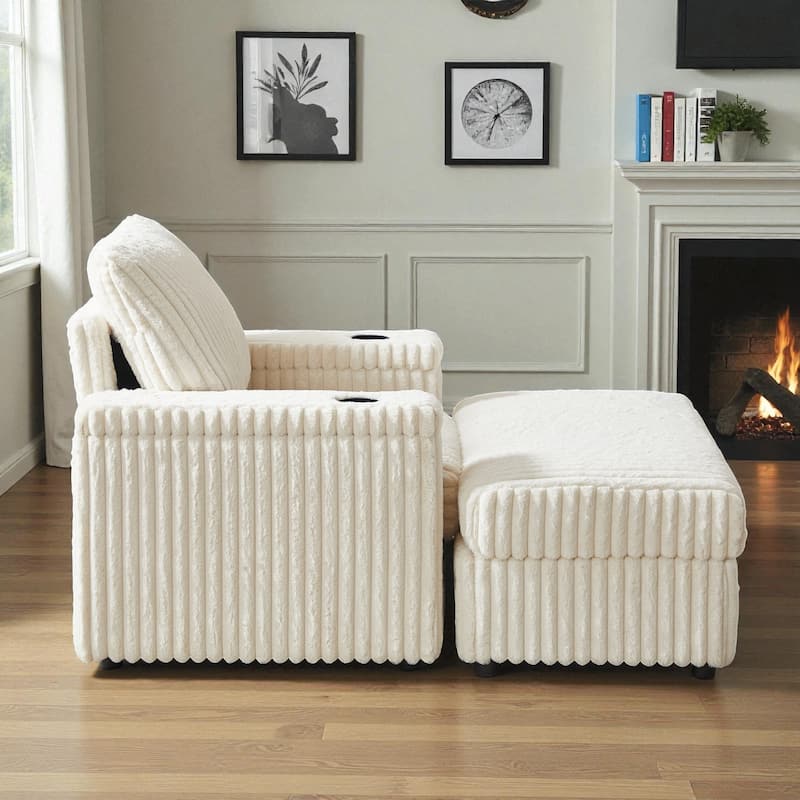 42.5" Corduroy Single Recliner Chair with Cup Holder, Storage Footrest, Armrest Storage and Backrest Pillow