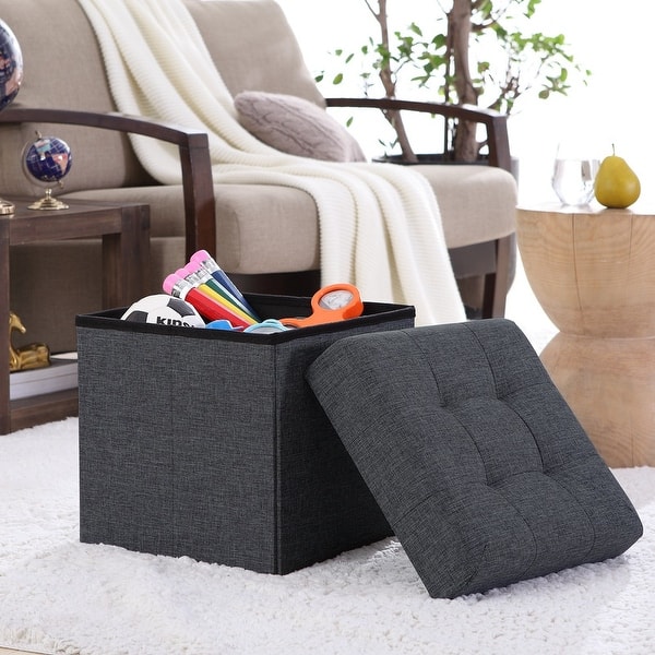 Foldable Tufted Linen Storage Ottoman Square Cube Foot Rest Stool Seat 15 X 15 X 15 Overstock 14986688