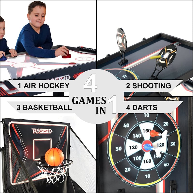 ROSEED 4 in 1 Combo Game Table - Air Hockey, Basketball, Darts, More
