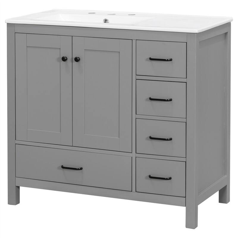36'' Bathroom Vanity with Ceramic Sink Combo, Modern Bathroom Vanity Cabinet with 2 Soft Close Doors and 5 Storage Drawers