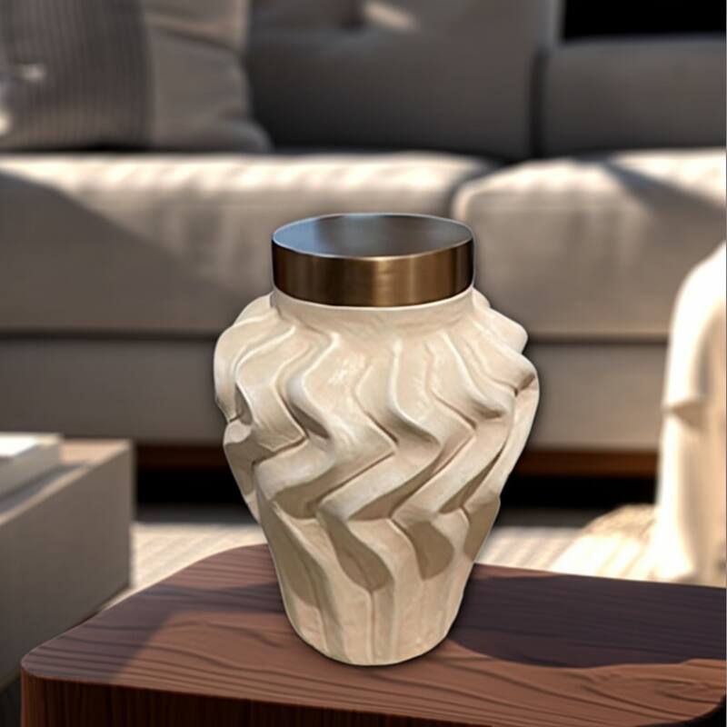 Pottery Jar Wavy Sculpted Tall with Metallic Lid Decorative Accent - 7" x 7" x 10"