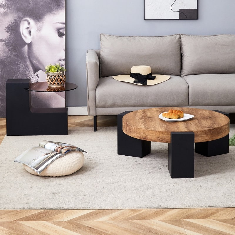 Modern Detachable Round Coffee Table - Double-Layer Brown Glass Top & Black L-Shaped Legs