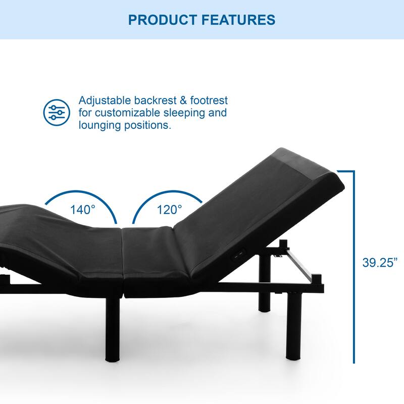 Wizzin Contemporary Meatl Adjustable Bed Frame with 5 Positions, USB Ports and LED Light