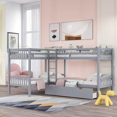 L-Shaped Twin Bunk Bed with Built-In Drawers, Solid Pine Wood Frame, Space-Saving Design, Ideal for Kids, Teens, Guest Rooms