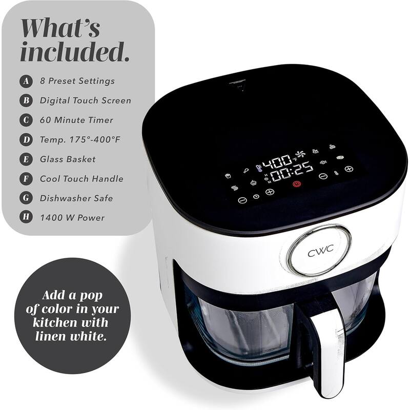 COOK WITH COLOR 1200W Air Fryer: Glass Basket, Dishwasher Safe, 60min Timer, 6 Presets, Temp Control 175F-400F, 4 - 5.5 QT