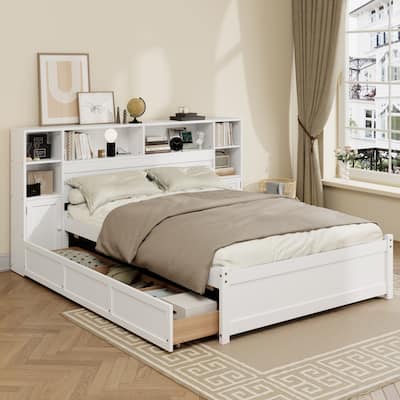 White Wooden Bed with 6 Drawers Storage Bed, Platform Captains Bed with Wingback Bookcase Headboard Built-in Charging Station