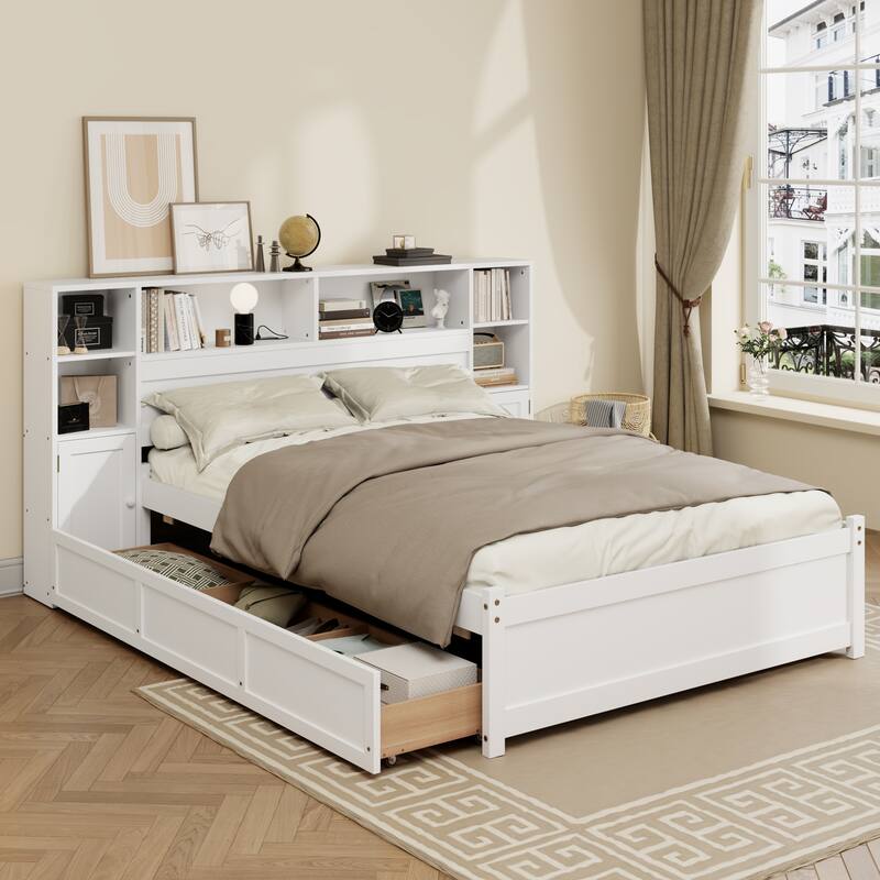 White Wooden Storage Bed with Bookcase Headboard, 6 Drawers, Charging Station, No Box Spring Needed, Twin