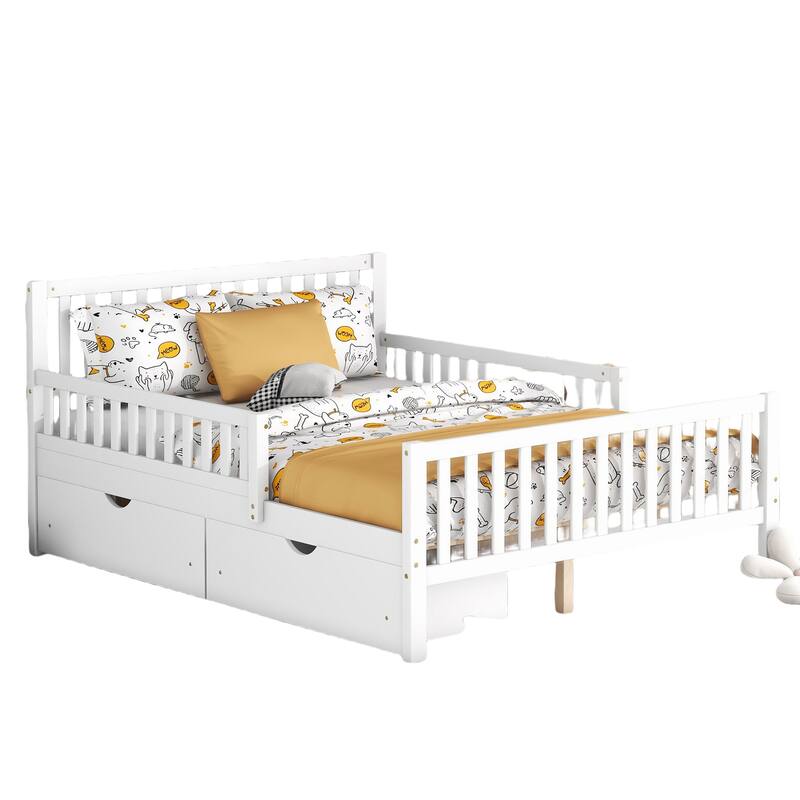 Full Size Wood Platform Bed with Guardrails and Two Drawers