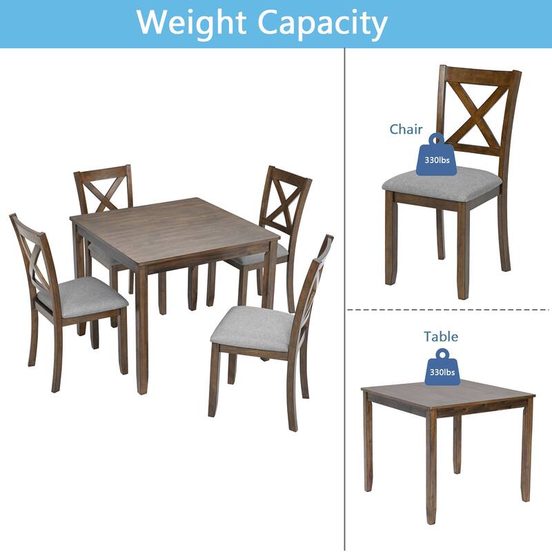 5 Piece Dining Table Set, Solid Wood Kitchen Table Set, Dining Room Furniture Set with Square Table & 4 Upholstered Chairs