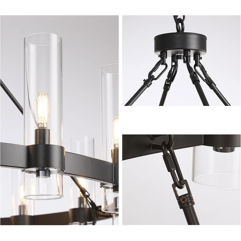 KAYLA 48" 16-Light Gold Chandelier, Wagon Wheel Chandelier with Glass Shade, Modern Farmhouse Chandelier - 48in