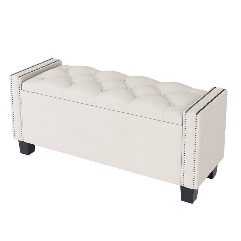 Upholstered Velvet Storage Ottoman Bench, Tufted Foot Rest Stool - Beige
