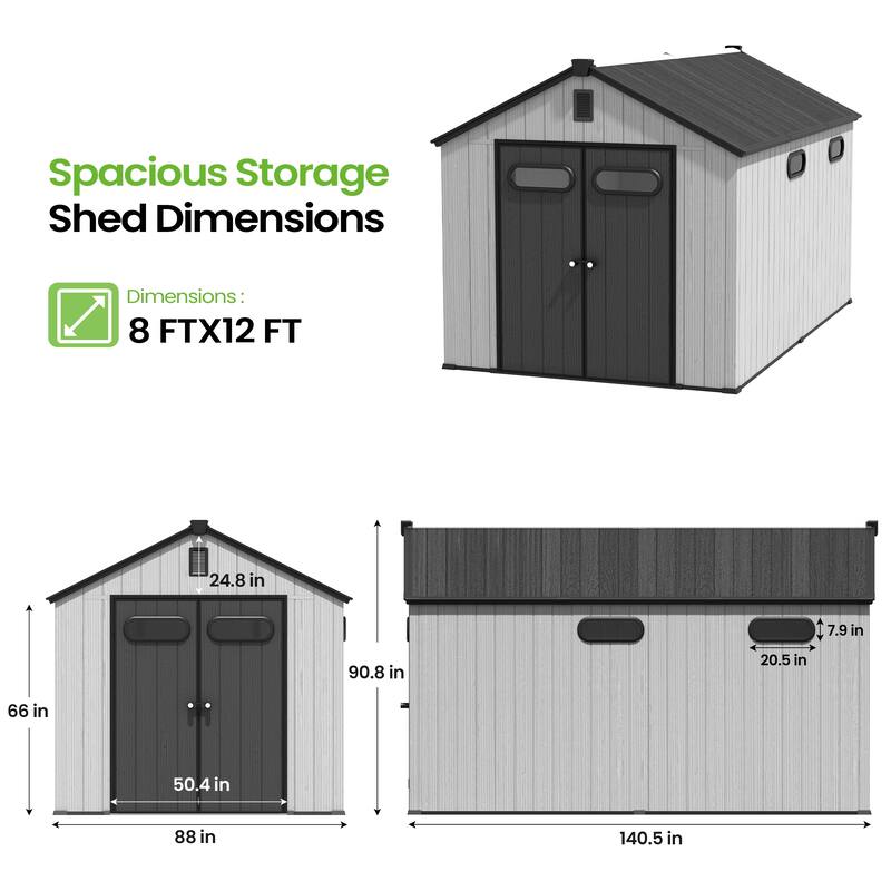VredHom 8X8/8X10/8X12 FT All-Weather Outdoor Resin Storage Shed with Windows Floor for Patio Furniture and Tools