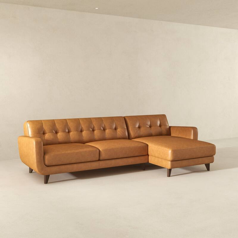 Left-Facing Tan Leather Sectional Sofa