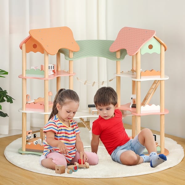 slide 2 of 10, 3-Tier Wooden Dollhouse for Kids Aged 3-8 Years Old with 32 Pieces of Accessories - 39.5" x 19" x 33.5" (L x W x H) Pink-Green-Natural