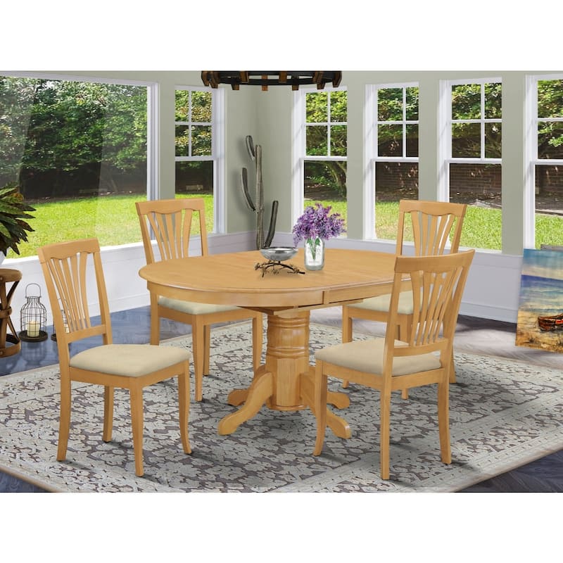 Mediterranean Dining Set - 5 Piece Table & Chair Set - Oval Wood Table with Linen Chairs - 42x60 Inch