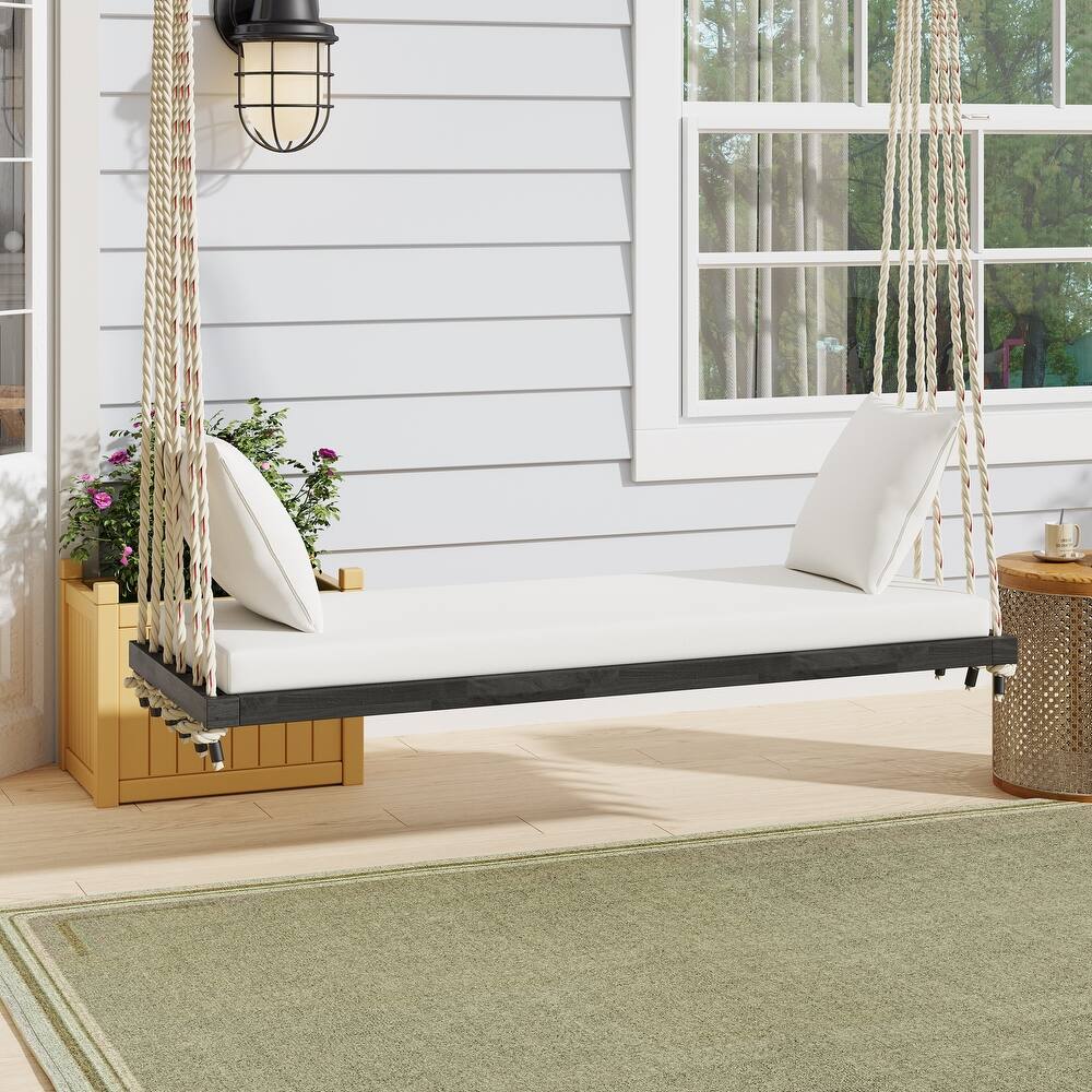 Outdoor Patio Wooden Swing Chair, Hanging Porch Swing Bench w/ Cushion & Pillows for Garden, Backyard, Lawn