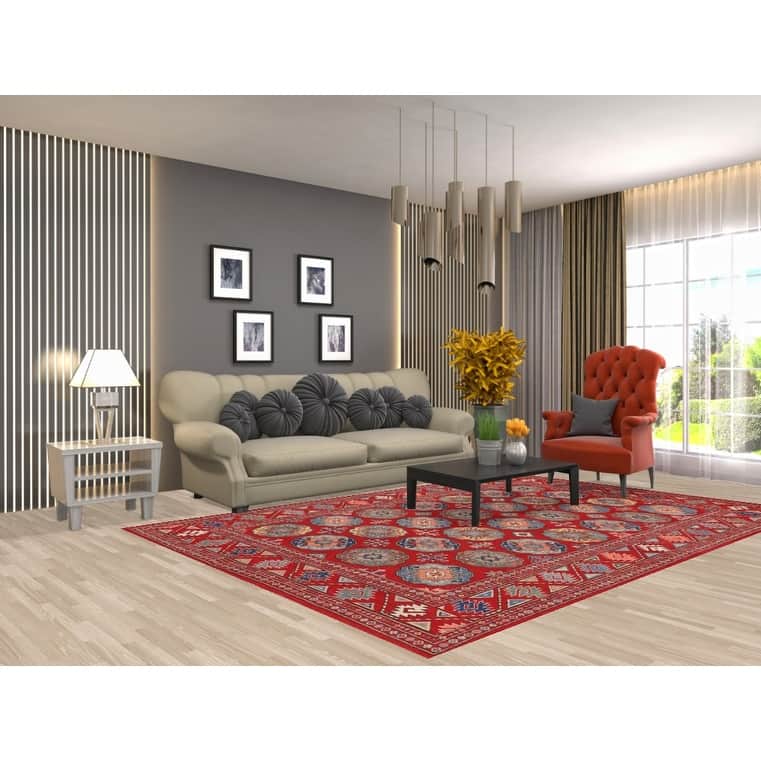 All-Over Red Kazak Oriental Area Rug Hand-Knotted Wool Carpet - 6'7" x 9'7"