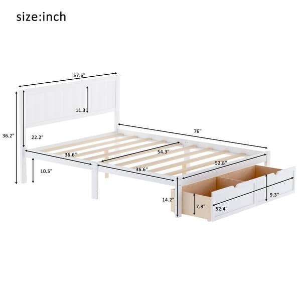Full Size Platform Bed with Under-bed Drawers and Extra Legs for Stability, White