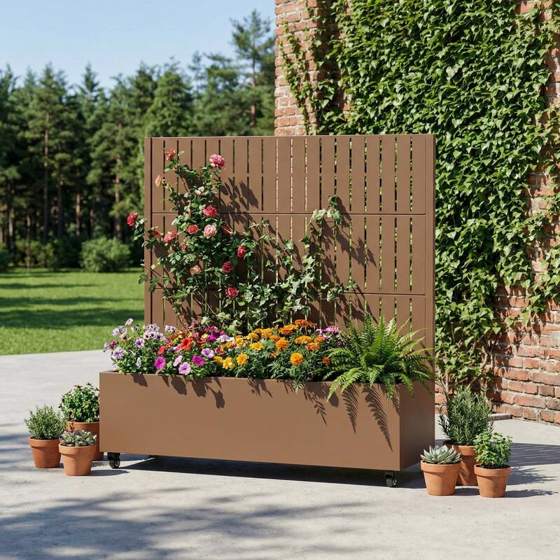 Raised Garden Bed Planter with Trellis Movable Planter Box with Lockable Wheels - 47*47 - Brown