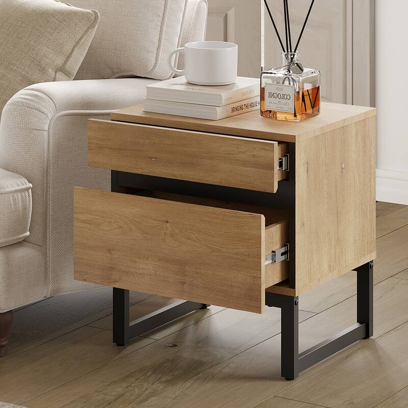 WAMPAT Modern Nightstand with 2 Drawers, Farmhouse BedsideTable with Black Square Iron Leg, Wood Rustic Side End Table