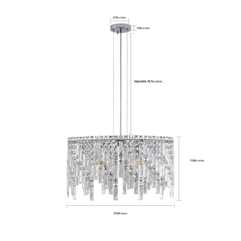 24" Luxurious Round Silver Crystal Chandelier, Contemporary Rectangular Pendant Light, and Grand Foyers (Bulbs Not Included)
